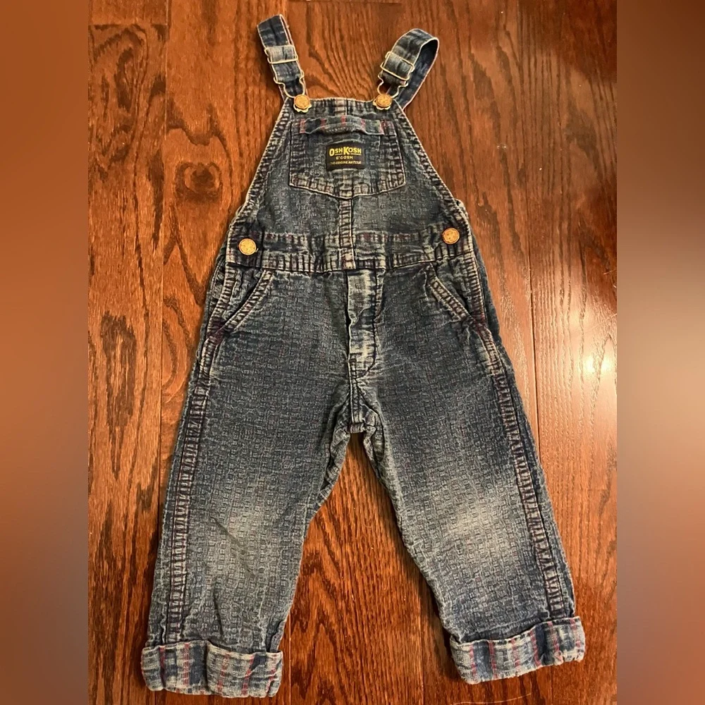 Vintage OshKosh Denim light red plaid design overalls Kids size 2T